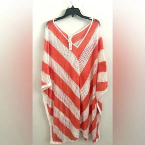 Chico’s Poncho Women’s Coral White Striped Knit One Size V-Neck Cover Up Beach